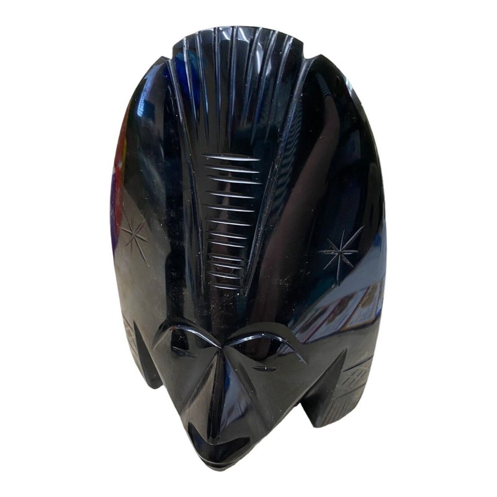 Hand Carved Black Onyx Obsidian Aztec Warrior Head Sculpture Mexico 4.75”